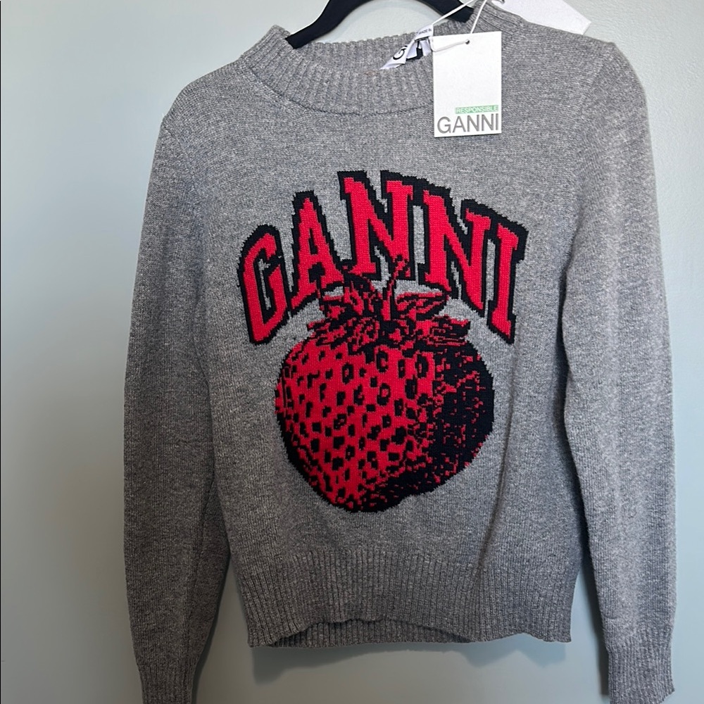GANNI Gray Sweater with Red Strawberry Design